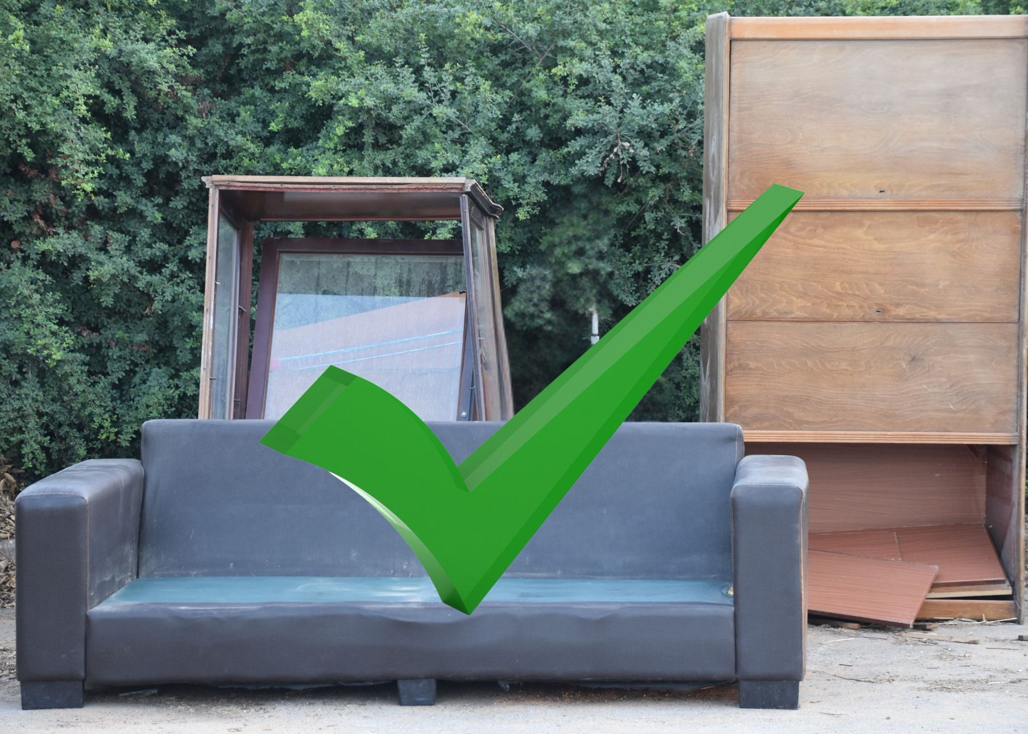 Image of three bulk items - couch, bookcase, and cabinet